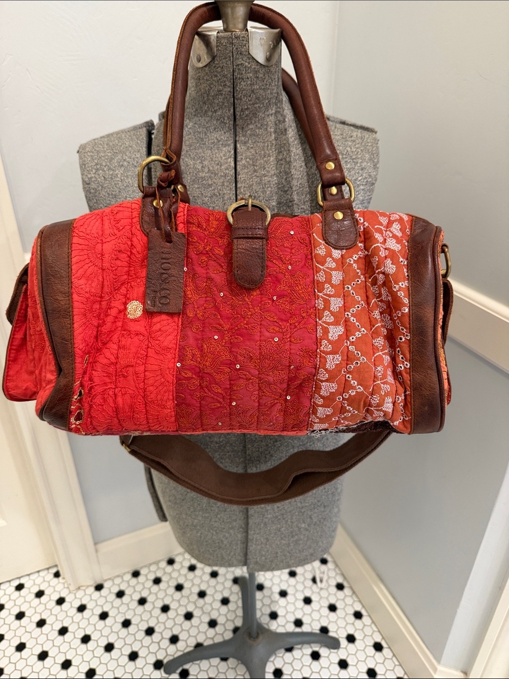 Boho Quilted Red & Orange Shoulder Satchel with Brown Leather Trim